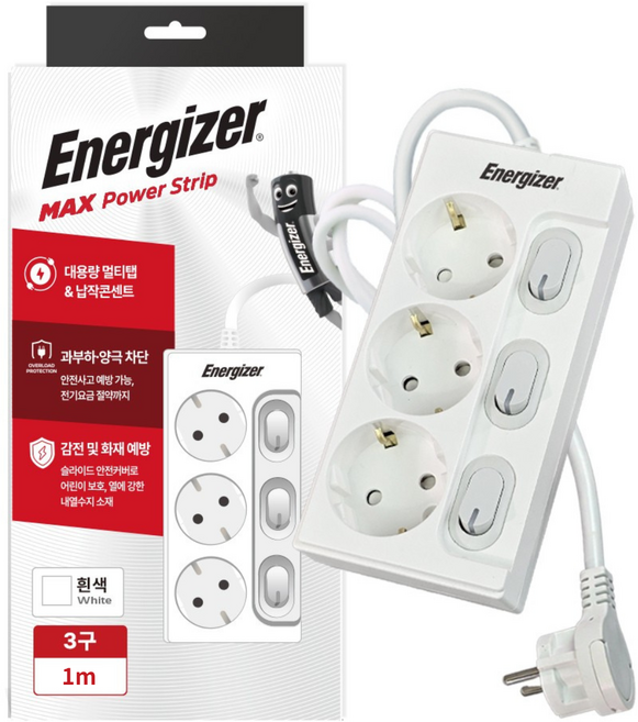 에너자이저 개별스위치 멀티탭 고용량 3구 납작플러그 과부하차단 16A, 1개, 화이트(개별스위치 3구), 1m