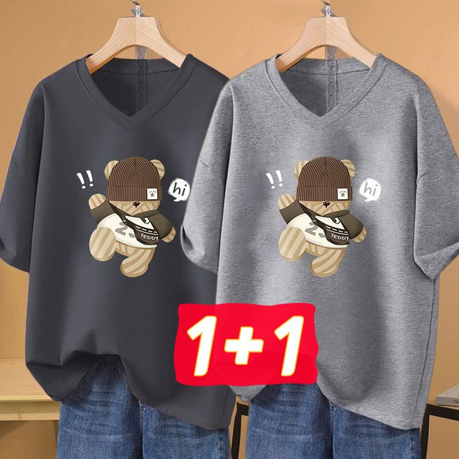 1+1 여성 브이넥 반팔티셔츠 루즈핏 반팔티 곰 프린트 빅사이즈 귀여운 롱티