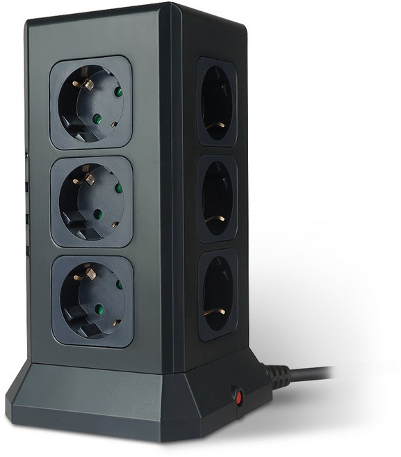 나비 안전한 난연재질 과부하차단 16구 고용량 4000W 타워형 멀티탭 멀티 콘센트 12구 USB4구 NV191-TWT7, 1개, 1.99m, 블랙