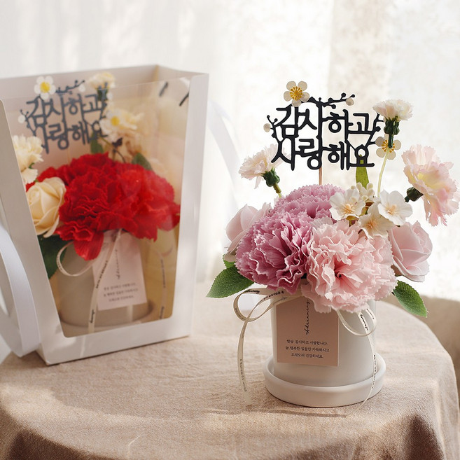 1+1 비누꽃 카네이션 로즈 화분 쇼핑백 선물 세트 어버이날 스승의날 가정의달 기념일, 1개, 샴페인레드+라벤더핑크