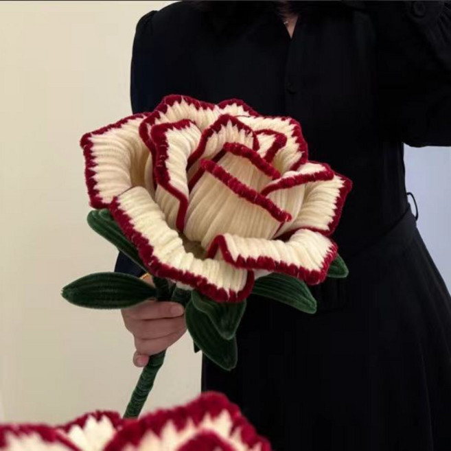 巨型復古玫瑰花 扭扭棒diy材料 永生花 送女友 情人節禮物, 1個, 半米復古紅邊奶白玫瑰材料