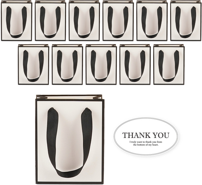 빛공 고급 선물 무지 미니 답례품 쇼핑백 종이가방 종이백 (스티커 포함), 12개, 블랙&화이트