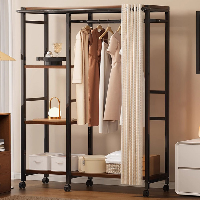 H N Quality Home 철제 이동식 시스템행거 [소형/중형] 조립식+커튼 포함 / 원룸 좁은공간 수납최적화, 블랙