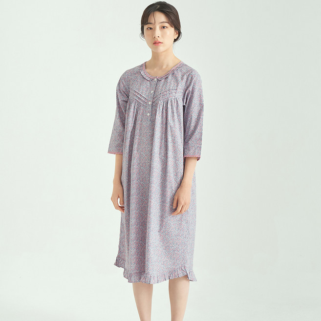 메이플라워 핑크블러썸 7부 순면 여성 빅사이즈 홈웨어 원피스 잠옷