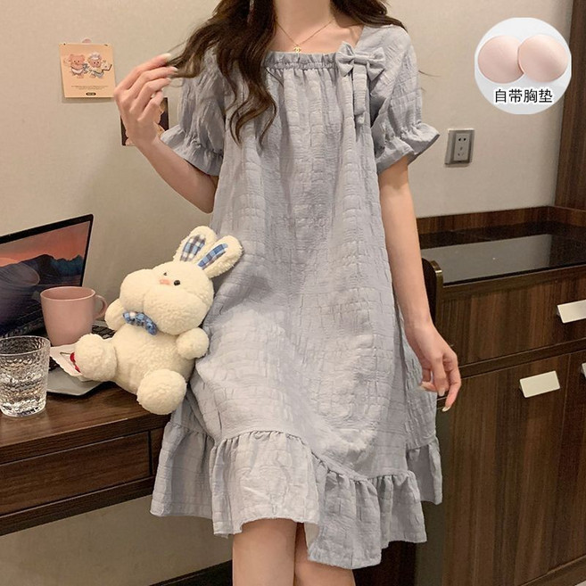 中長款純棉短袖家居服 夏季女款帶胸墊霧藍甜美睡裙連衣裙 寬鬆吊帶長裙睡衣 外穿吊帶裙