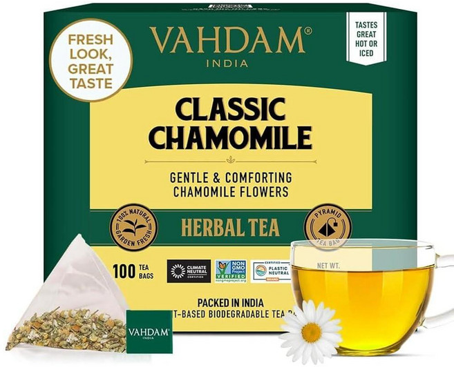 VAHDAM 고산 우롱차 티백 (100개) 비유전자변형 글루텐 프리 잎 - 가볍고 꽃향기 재밀봉 가능한 지퍼백, 클래식 카모마일