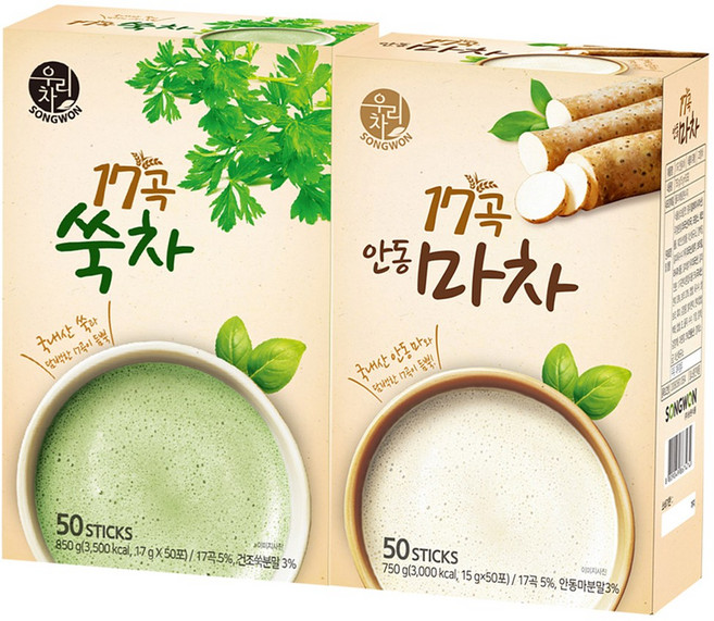 송원 선식차 세트 17곡 안동 마차 50T+쑥차 50T 아침 식사 대용, 1, 50, 15g