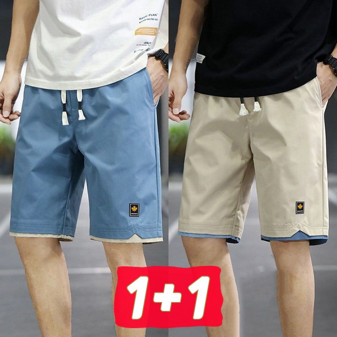 1+1 여름 남자 5부 카고팬츠 밴딩 일자 반바지 빅사이즈 비치팬츠 아웃도어