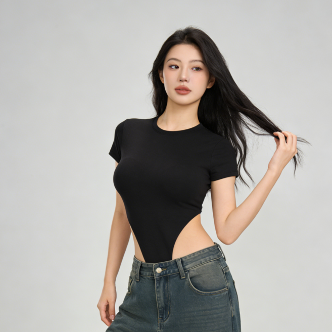 Lousxxy 로브스시 캡내장 반팔 바디수트 하이레그 스냅 버튼 쿨링 노브라티 바프의상 2601