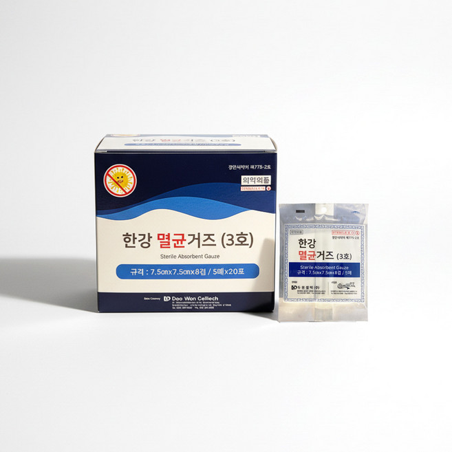 한강 멸균거즈 7.5x7.5cm 8겹 중형 | 일반상처 가정용 응급처치용 일회용 순면거즈, 4박스, 100매입