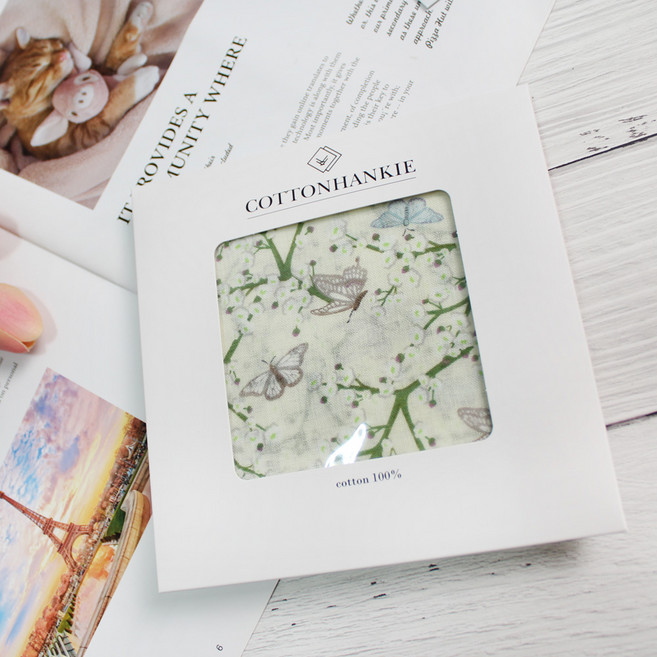 렌느 여성손수건 국산 아사 가제 면 미니 쁘띠스카프 목손수건 케이스포장 플라워 꽃무늬