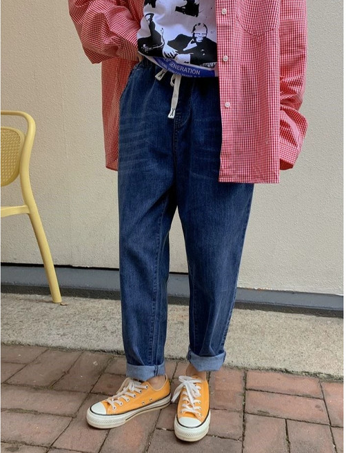 CHILL 鬆緊腰牛仔哈倫褲 寬鬆水洗九分休閒長褲