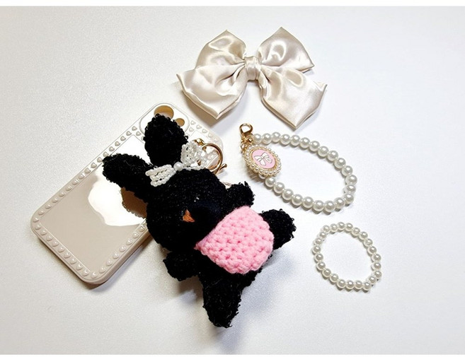 [바닐라제이]블랙 토끼 모루 인형키링 열쇠고리 가방액세서리, 핑크, 1개