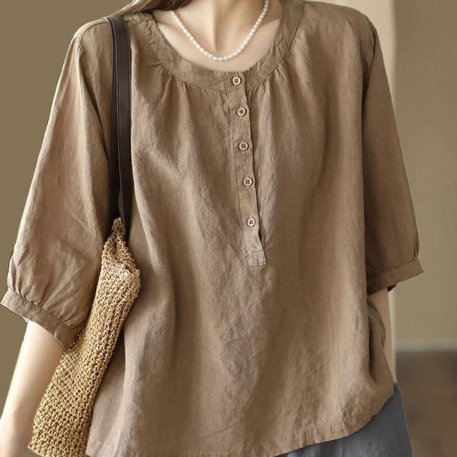 JUSTFEELING M-4L빅사이즈 앞단추 라운드넥 반팔 면 마 셔츠 루즈핏 데일리 순색 통기성 좋은 풀오버 린넨 블라우스 캐주얼 시원한 상의티