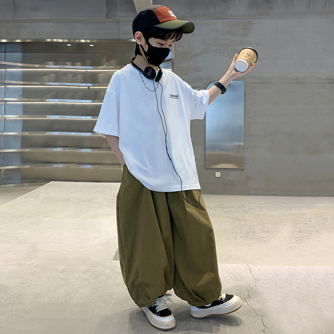 UPPERCUT 아동 여름 상하복 세트 초중생 반팔티 통바지 힙합바지 배기바지 벌룬핏 팬츠 남녀공용