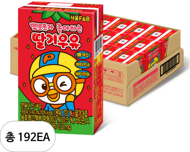 서울에프엔비 유아용 뽀로로가 좋아하는 딸기우유 140ml, 192개