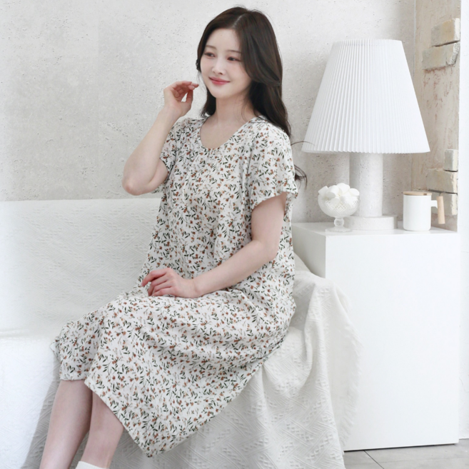 별별모아 여름 반팔 아사면 홈웨어원피스 여성잠옷 실내복