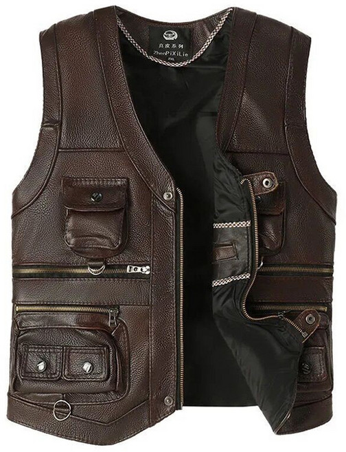 FANSYLI 남성 브이넥 레더 베스트 가을 겨울 중년 아빠 아웃도어 낚시 조끼 멀티포켓 모터사이클 조끼 W2512D08