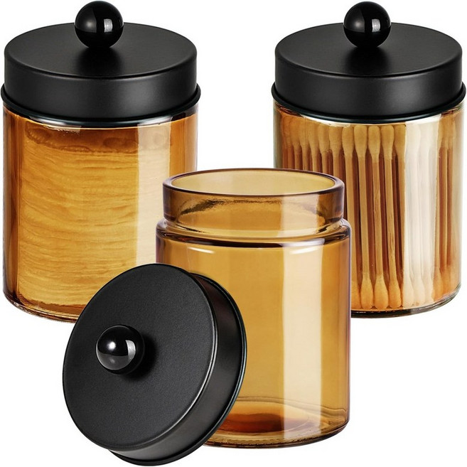 3팩 약병 용기 욕실 세면대 정리함 - Q팁 홀더 보관 세트 조리대 용기에 스테인리스 스틸 뚜껑 및 귀여운 스티커가 부착되어 면봉 메이크업 스펀지 치실 사용 가능, 1_Jar Sage Green/Lid