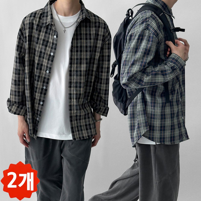 1+1/두장묶음 빠델 선셋 사계절 커플 가을 봄 남녀공용 체크 남방 오버핏 셔츠
