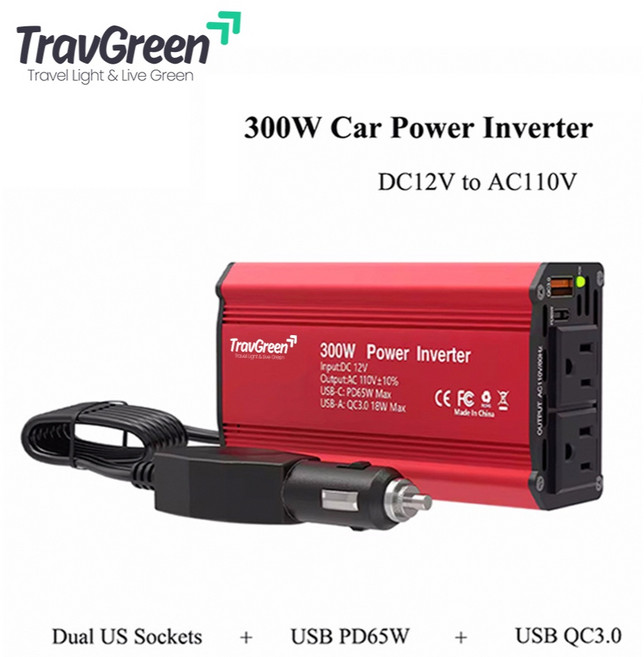 【TravGreen】車載電源12V轉逆變器 變壓器 PD快充 QC3.0 附發票, 110V/300W, 紅色, 110V/300W(2插座+3USB+1TYPE-C）