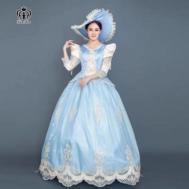 중세 드레스 뮤지컬 레트로 코스튬 시대 르네상스 의상, 라이트 블루 프린세스 드레스