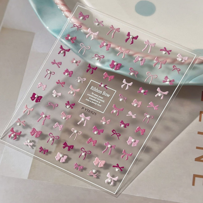 키라데이 미니 진주 리본 네일스티커, 1개, 소프트핑크