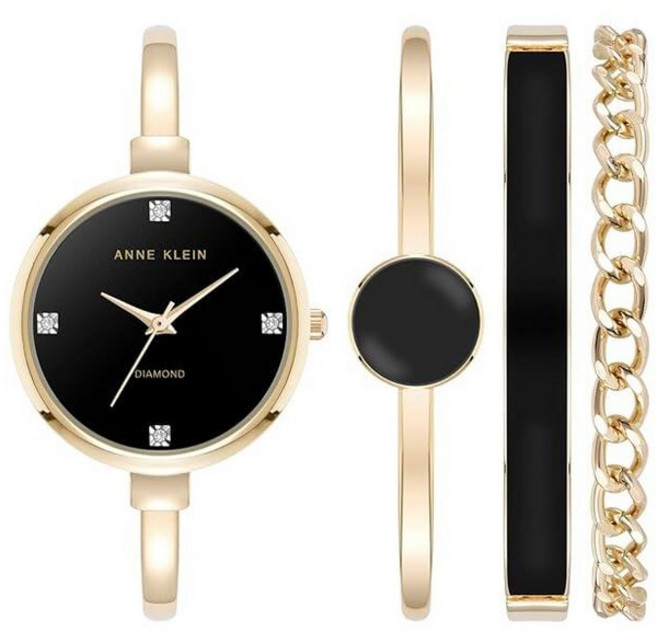 앤클라인 Anne Klein 여성용 뱅글 손목시계 팔찌 세트 골드/블랙 120704, Black/Gold Lab-Grown