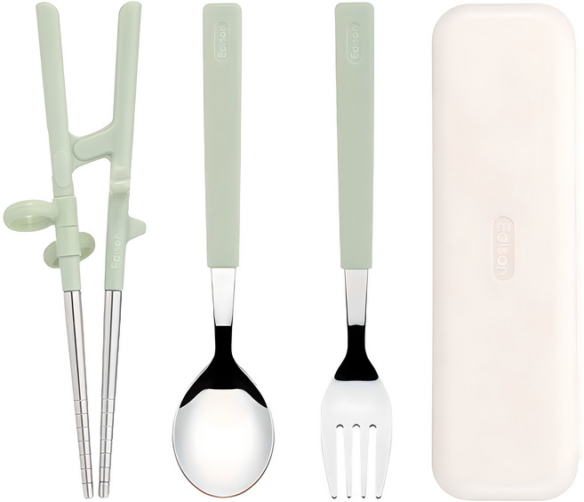 에디슨 2단계 스텐 젓가락 스푼 포크 케이스 세트, 민트, 젓가락 + 스푼 + 포크 + 케이스, 1개
