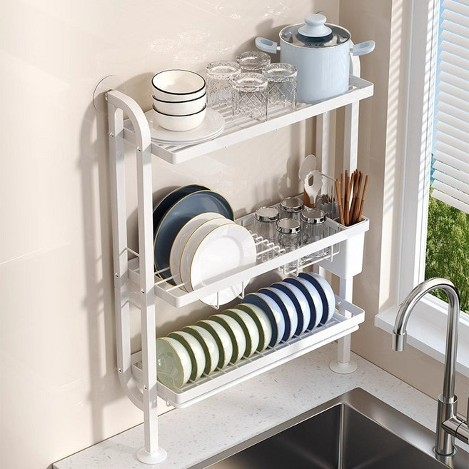 자동 물빠짐 식기건조대 주방 그릇정리대 초슬림 틈새 좁은 설거지 건조대, 1개, 크림-(컵홀더 포함), 3단
