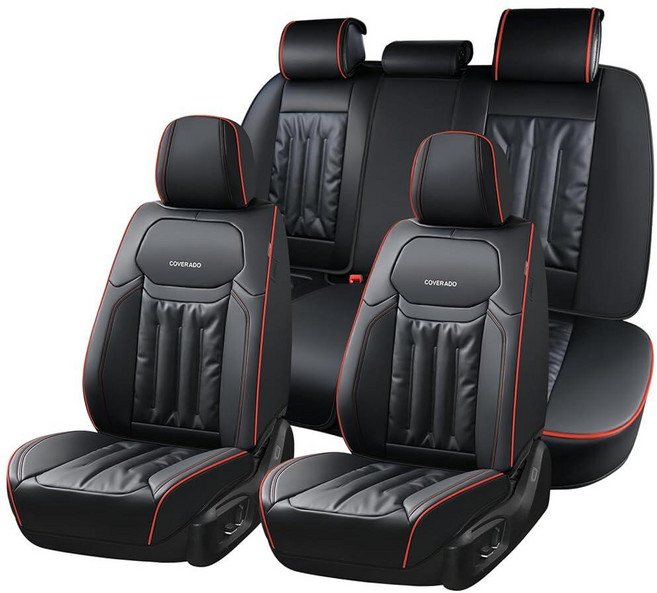 Coverado Car Seat Covers Covers for Cars 5 Seats Full Set Protector Waterproof Nappa Leather Cu, 풀 세트, 블랙 & 레드 라인