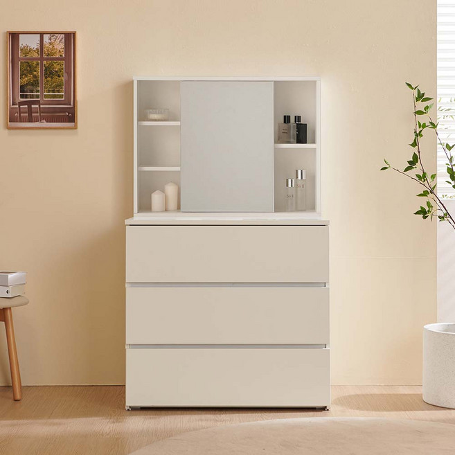 마리메종 밀키 800 3단서랍장+슬라이딩수납거울, 크림화이트