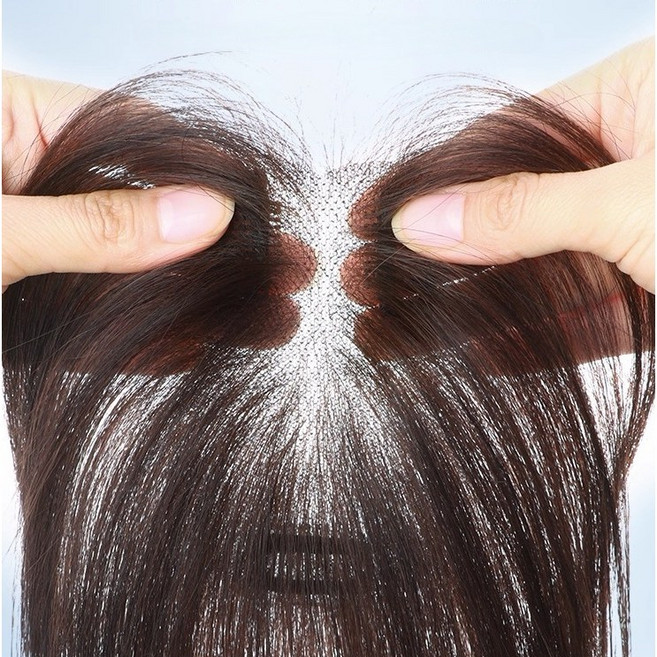 샤일리 여성 인모100% 헴라인 정수리 부분가발, 브라운+앞머리 타입, 1개