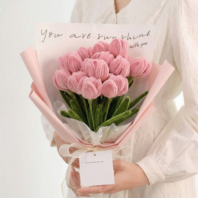 상덕 모루 꽃다발 DIY 튤립 인테리어 장식 선물 만들기, 1개, 연핑크