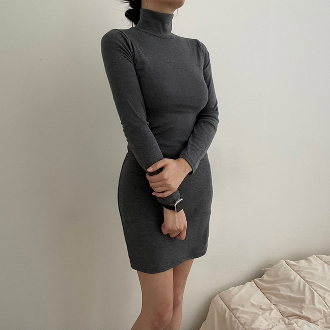 VANANA2 국내제작 여성 스판 무지 기모 터틀넥 폴라 미디 슬림핏 원피스 4color