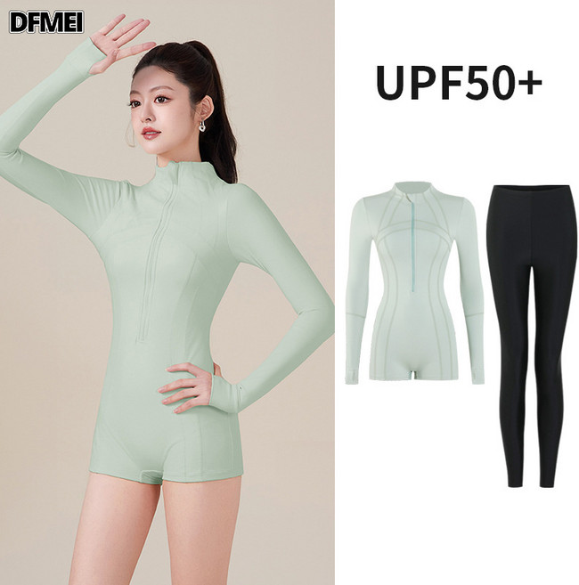 DFMEI 游泳衣女士長袖平角級防曬UPF50+連體速幹潛水服水母衣女, M