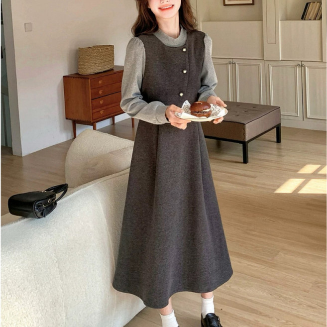 SAHINER 여성 레이어드 A라인 원피스 봄 데일리 오피스룩 AQZ48