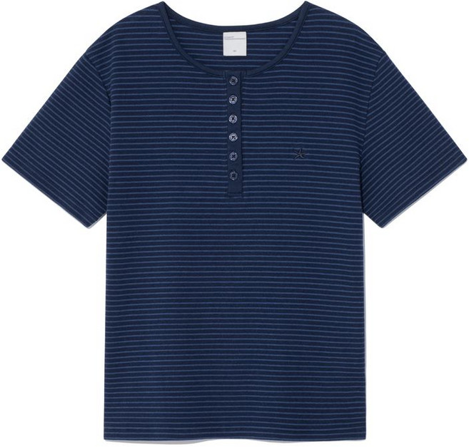 [더콜디스트모먼트] (w) TCM stripe round henley neck T (navy)