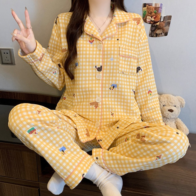 카툰 패턴 에어 솜 파자마 여성용 가을겨울 크림노랑 체크 샌드위치 보온 홈웨어