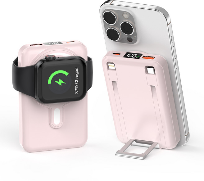 대용량 일체형 케이블 무선충전 잔량표시 고속충전 맥세이프 보조배터리 20000mAh, 핑크, 핑크
