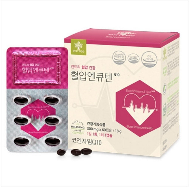 혈압건강 엔트리 혈압엔큐텐 고순도 코엔자임Q함유 높은혈압 DOWN 항산화건강 UP 2개월분, 300mg x 60캡슐, 1개, 60정