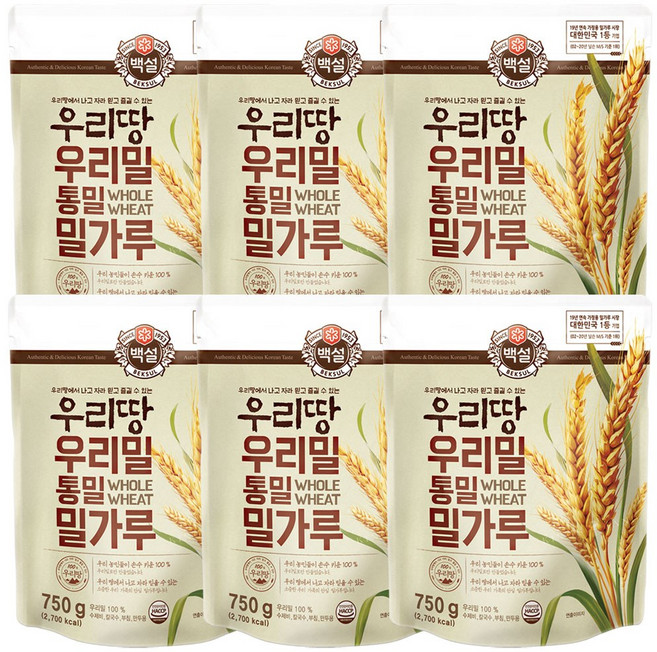 [메가마트]CJ 백설 우리땅 우리밀 통밀 밀가루 750g, 6개