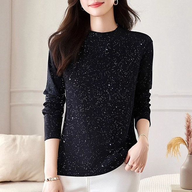 MOSAIRATION 여성 빅사이즈 반하이넥 티셔츠 데일리 반짝이 포인트 긴팔 이너 티셔츠 I082606