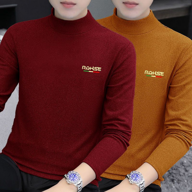 1+1 남성용 기모 반폴라티 슬림핏 솔리드 남자 반폴라 긴팔 티셔츠 가을 겨울 남성 목폴라 긴팔티 CJJ