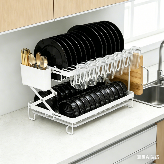 CABICO 리프트 가능 주방 그릇 선반 건조대 다용도 수저 수납 선반 주방 테이블 선반 그릇 컵 칼꽂이, 1개, 화이트