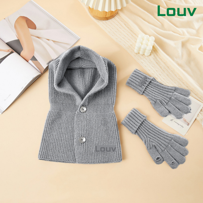 루브 니트 바라클라바 + 터치 장갑 세트, 그레이, 1개