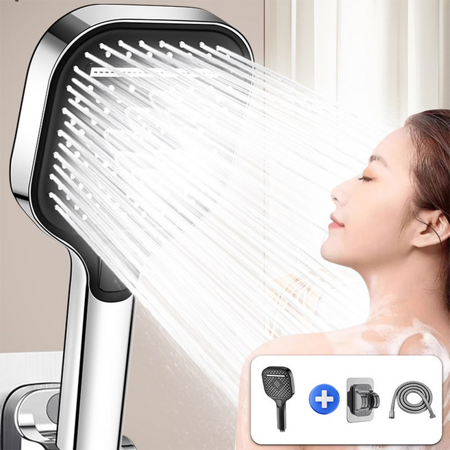 Aram 초강력 3단 수압상승 샤워기 헤드 호스 1.5m 거치대 세트, 그레이, 1개