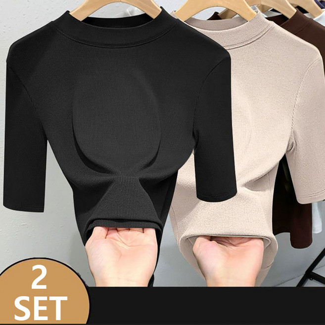 ROYALBELLE 2장묶음 여성 라운드넥 골지 5부 소매 정어깨 슬림핏 티셔츠 심플 베이직 S050506