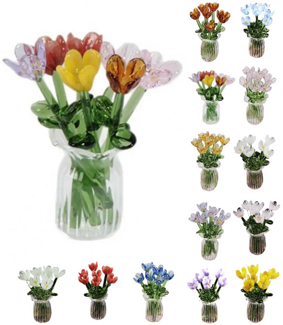 Zeekr 유리 꽃 장식 수제 꽃 조각품 수공예 유리 꽃다발 꽃병 포함 미니 꽃 장식품 가정용, 믹스 랜덤 7개