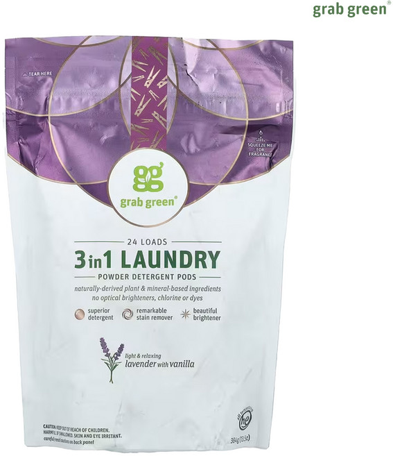 그랩그린 3 in 1 세탁 세제 포드 라벤더 바닐라 향 얼룩제거제 384g 24개입 1개